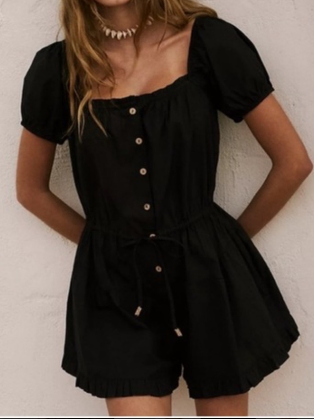 Free People A Sight For Sore Eyes Black Drawstring Puff Sleeve Romper Size L